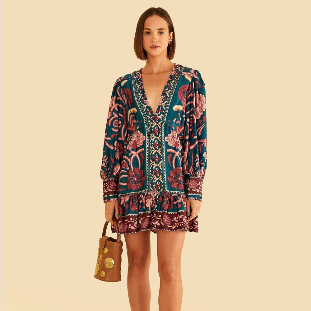 Farm Rio Teal Seashell Tapestry Lenzing™ Ecovero™ Viscose Mini Dress